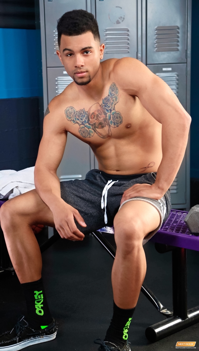 Next Door Male gym jock Rocco Russo fondles underwear hard cock strokes spreading legs bench feet 005 male tube red tube gallery photo - Rocco Russo