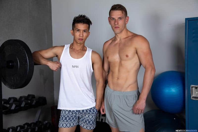 Gym studs ripped muscle dude Shane Cook huge thick dick bareback fucking young Asian Levy Foxx 6 gay porn pics - Gym studs ripped muscle dude Shane Cook’s huge thick dick bareback fucking young Asian Levy Foxx